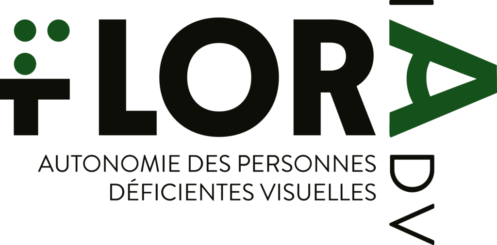 Logo de FLORA IADV, le F présente les 3 points braille et le A est incliné pour donner l’impression d’un œil